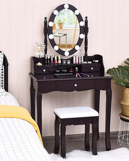 CHARMAID | Vanity Set with Lighted Oval Mirror, Makeup Dressing Table with 10 LED Dimmable Bulbs and 3 Drawers - Giantexus