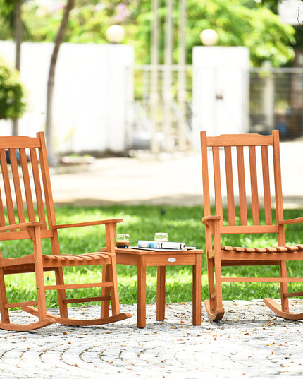 Rocking Chair 3 Piece Set Wooden W/ Two Wood Conversation Chairs and Accent Table