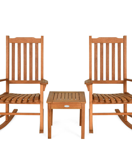 Rocking Chair 3 Piece Set Wooden W/ Two Wood Conversation Chairs and Accent Table