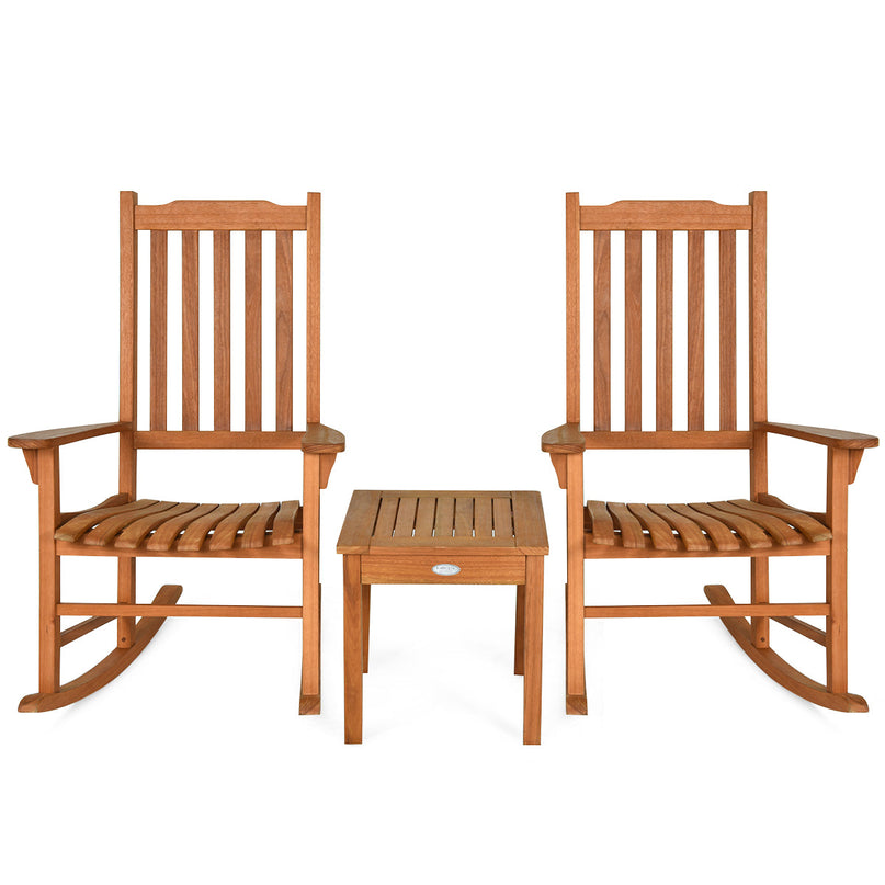 Rocking Chair 3 Piece Set Wooden W/ Two Wood Conversation Chairs and Accent Table
