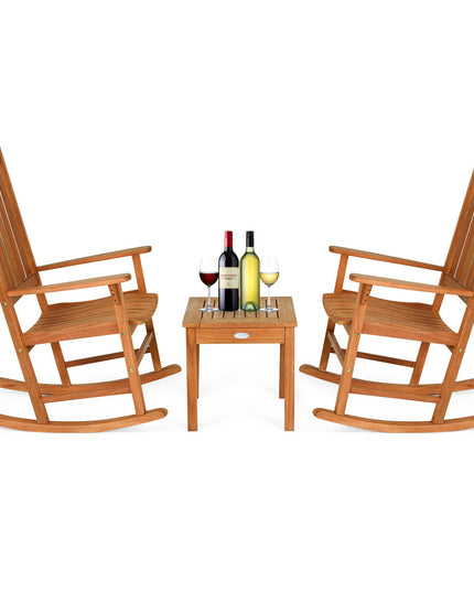 Rocking Chair 3 Piece Set Wooden W/ Two Wood Conversation Chairs and Accent Table