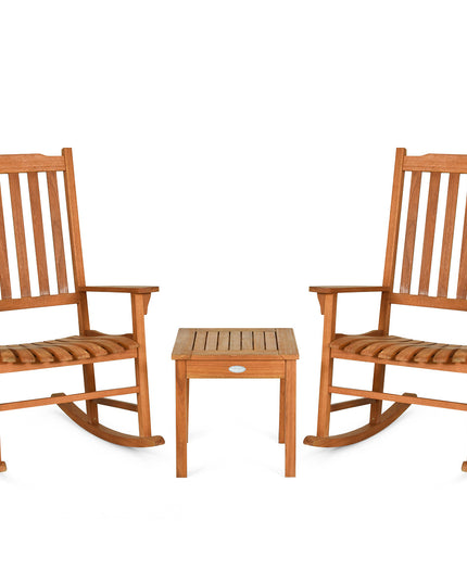 Rocking Chair 3 Piece Set Wooden W/ Two Wood Conversation Chairs and Accent Table