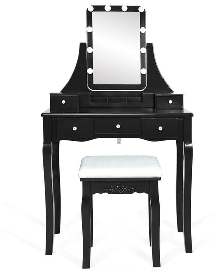 Vanity Set with Lighted Mirror, 10 Dimmable Light Bulbs Vanity Dressing Table, 5 Drawer with 2 Dividers Removable Organizer - Giantexus