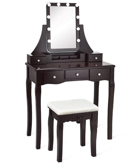 Vanity Set with Lighted Mirror, 10 Dimmable Light Bulbs Vanity Dressing Table, 5 Drawer with 2 Dividers Removable Organizer - Giantexus