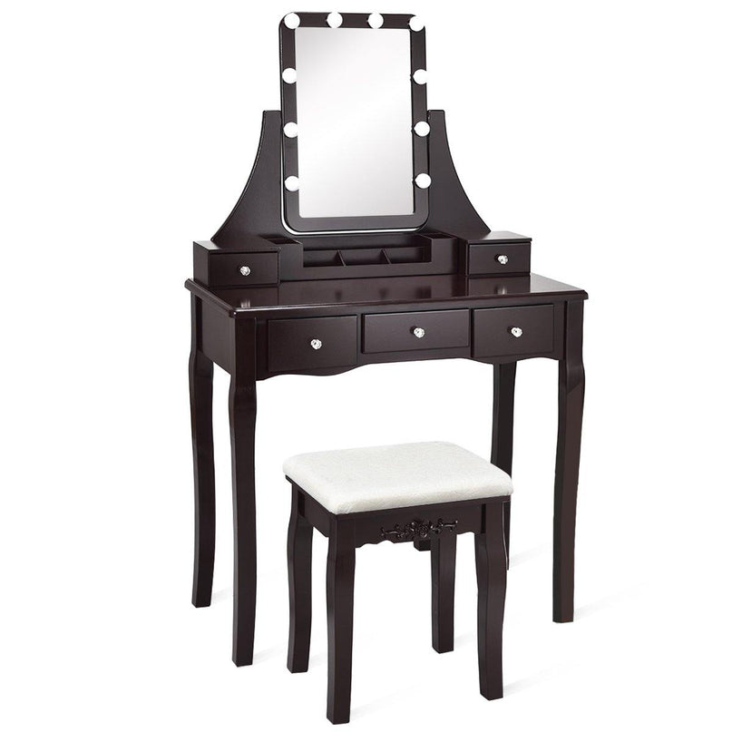 Vanity Set with Lighted Mirror, 10 Dimmable Light Bulbs Vanity Dressing Table, 5 Drawer with 2 Dividers Removable Organizer - Giantexus