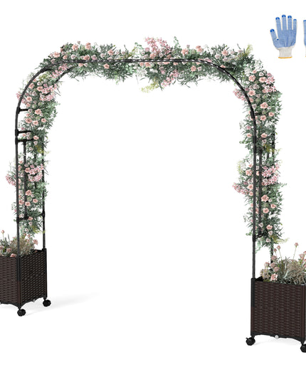 6.6 FT Garden Arch Trellis with 2 Planter Boxes, Outdoor Arbor Archway for Climbing Plants