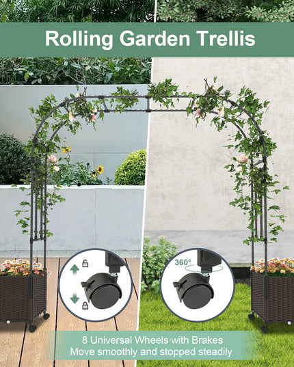 6.6 FT Garden Arch Trellis with 2 Planter Boxes, Outdoor Arbor Archway for Climbing Plants