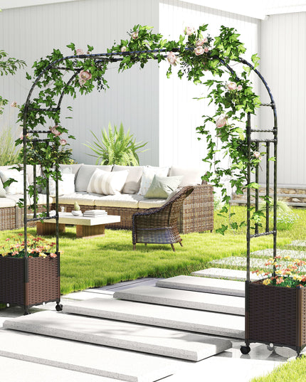 6.6 FT Garden Arch Trellis with 2 Planter Boxes, Outdoor Arbor Archway for Climbing Plants