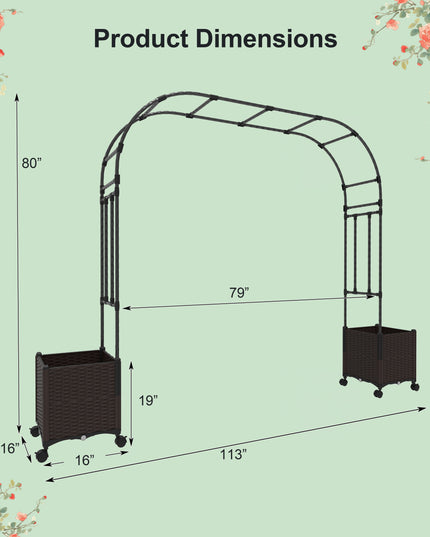 6.6 FT Garden Arch Trellis with 2 Planter Boxes, Outdoor Arbor Archway for Climbing Plants