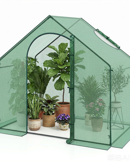 Giantex 6x3x5.5 FT Mini Walk-in Greenhouse, with Roll-up Zippered Door & Window, Overlong PE Cover