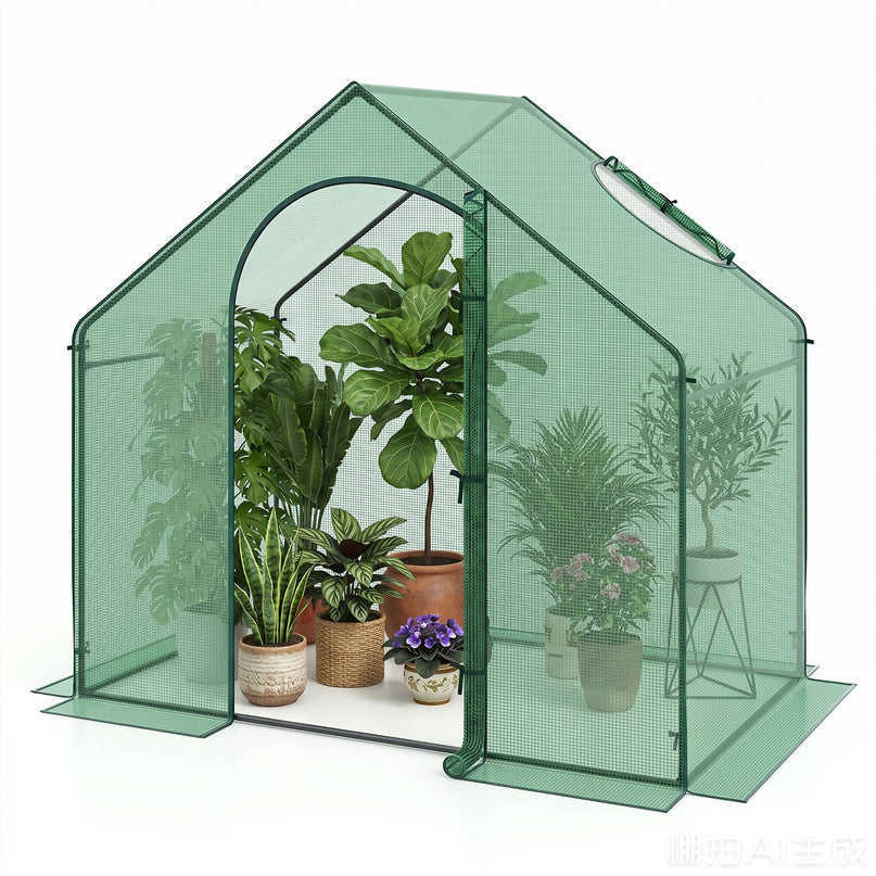Giantex 6x3x5.5 FT Mini Walk-in Greenhouse, with Roll-up Zippered Door & Window, Overlong PE Cover