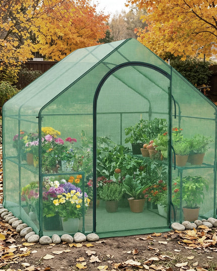 Giantex 6x3x5.5 FT Mini Walk-in Greenhouse, with Roll-up Zippered Door & Window, Overlong PE Cover