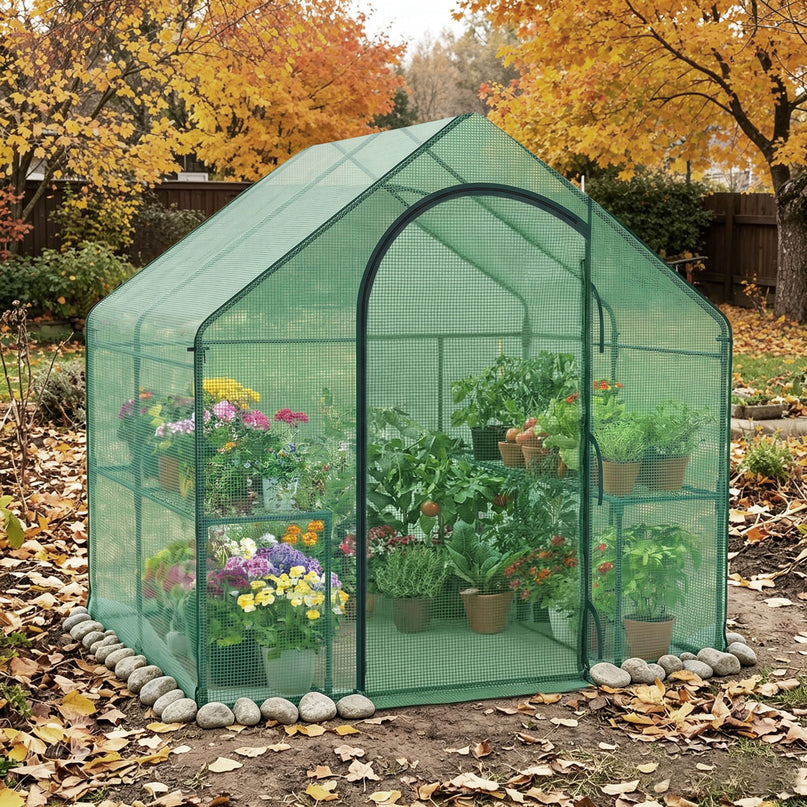 Giantex 6x3x5.5 FT Mini Walk-in Greenhouse, with Roll-up Zippered Door & Window, Overlong PE Cover
