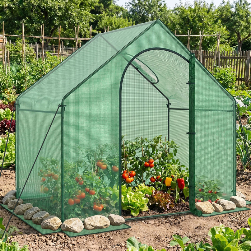 Giantex 6x3x5.5 FT Mini Walk-in Greenhouse, with Roll-up Zippered Door & Window, Overlong PE Cover