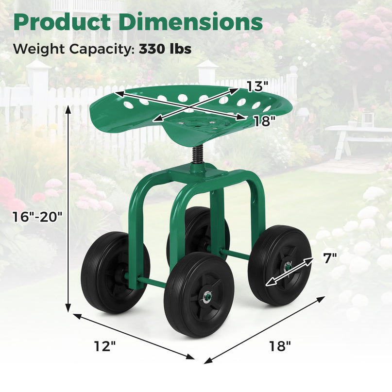 Giantex Garden Cart, Rolling Workseat with 4 Wheels, Garden Stool 360-degree Swivel Work Seat & Adjustable Heigh