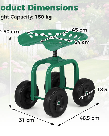 Chariot de jardin Giantex, siège de travail roulant à 4 roues, tabouret de jardin pivotant à 360° et hauteur réglable