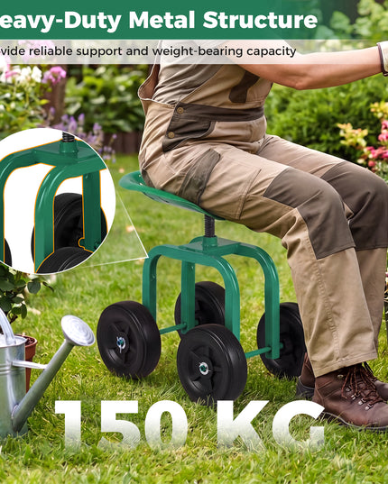 Chariot de jardin Giantex, siège de travail roulant à 4 roues, tabouret de jardin pivotant à 360° et hauteur réglable