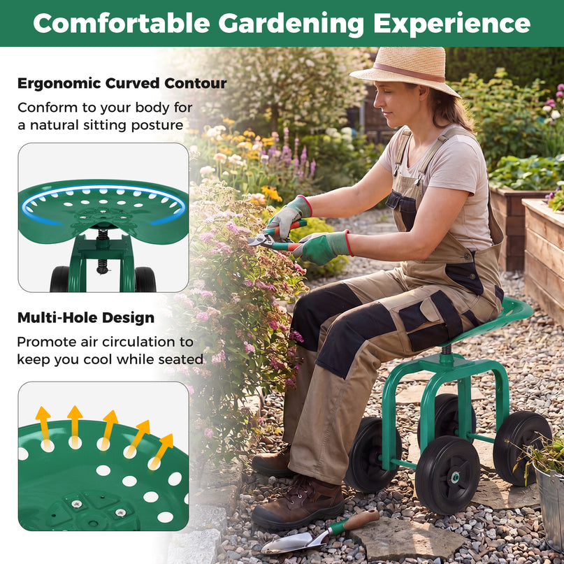 Giantex Garden Cart, Rolling Workseat with 4 Wheels, Garden Stool 360-degree Swivel Work Seat & Adjustable Heigh