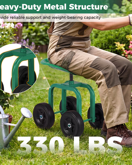 Chariot de jardin Giantex, siège de travail roulant à 4 roues, tabouret de jardin pivotant à 360° et hauteur réglable