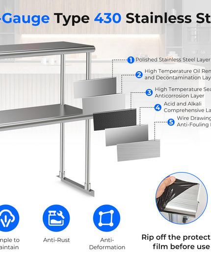 Giantex 48 Inch Stainless Steel Overshelf with Adjustable Lower Shelf