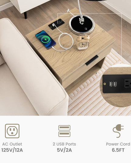 Giantex Mid Century Modern Nightstand with Charging Station