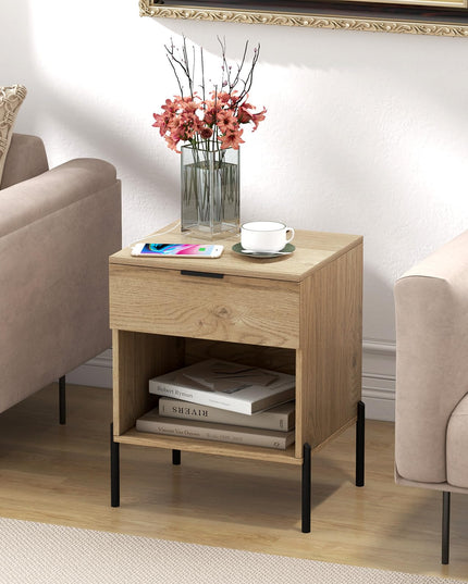Giantex Mid Century Modern Nightstand with Charging Station