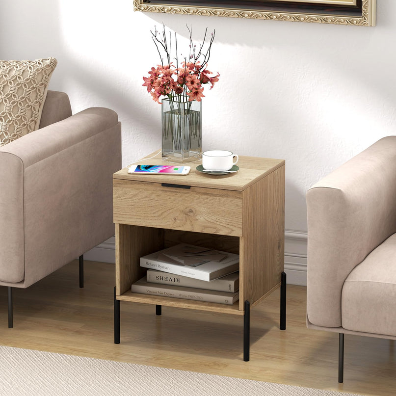 Giantex Mid Century Modern Nightstand with Charging Station