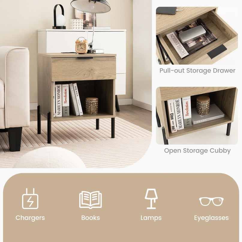 Giantex Mid Century Modern Nightstand with Charging Station