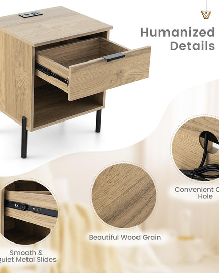Giantex Mid Century Modern Nightstand with Charging Station
