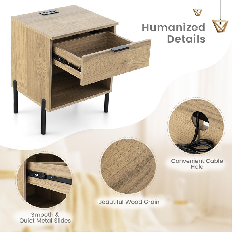 Giantex Mid Century Modern Nightstand with Charging Station