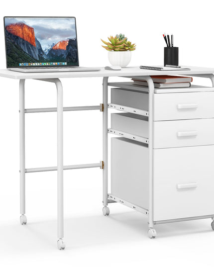 Giantex Folding Desk for Small Space, Rolling Home Office Desk with 3 Drawers & Lockable Universal Wheels