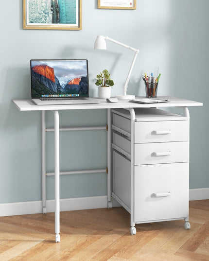 Giantex Folding Desk for Small Space, Rolling Home Office Desk with 3 Drawers & Lockable Universal Wheels
