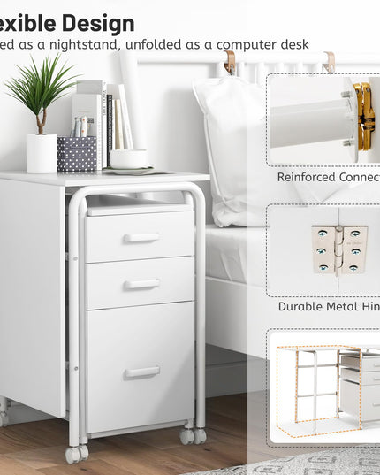 Giantex Folding Desk for Small Space, Rolling Home Office Desk with 3 Drawers & Lockable Universal Wheels