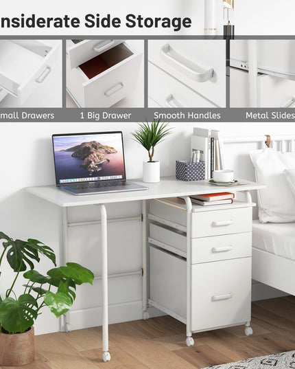 Giantex Folding Desk for Small Space, Rolling Home Office Desk with 3 Drawers & Lockable Universal Wheels