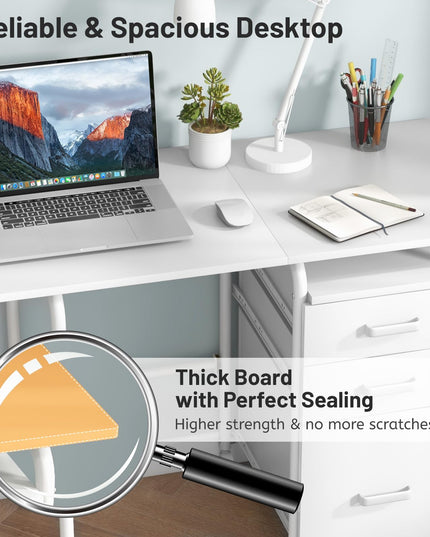Giantex Folding Desk for Small Space, Rolling Home Office Desk with 3 Drawers & Lockable Universal Wheels