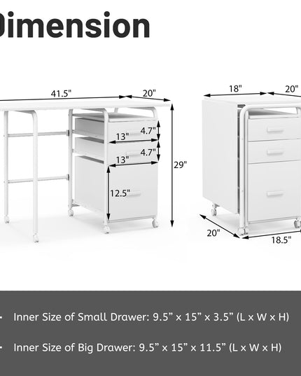 Giantex Folding Desk for Small Space, Rolling Home Office Desk with 3 Drawers & Lockable Universal Wheels