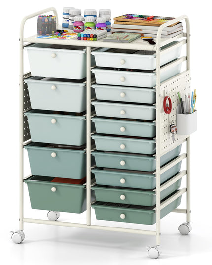 Giantex 15 Drawer Rolling Storage Cart with Metal Tabletop & Pegboard