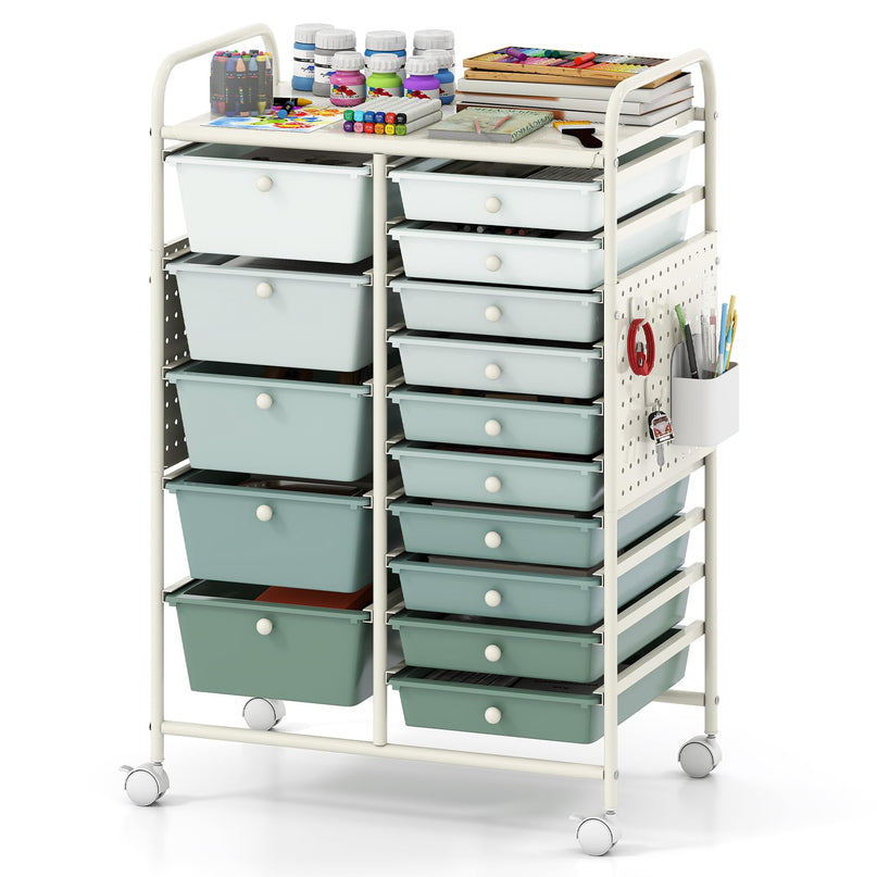 Giantex 15 Drawer Rolling Storage Cart with Metal Tabletop & Pegboard