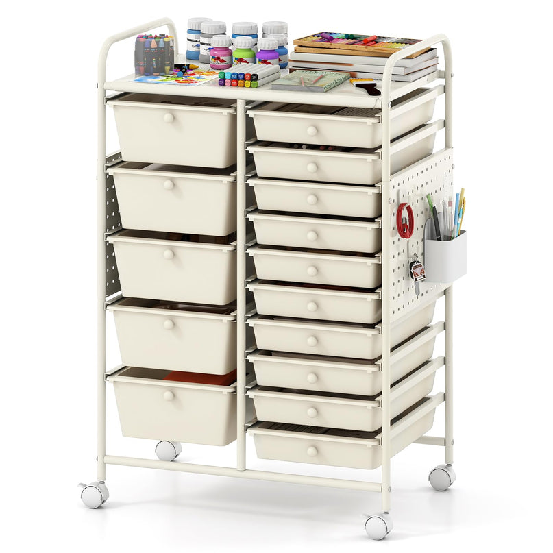 Giantex 15 Drawer Rolling Storage Cart with Metal Tabletop & Pegboard