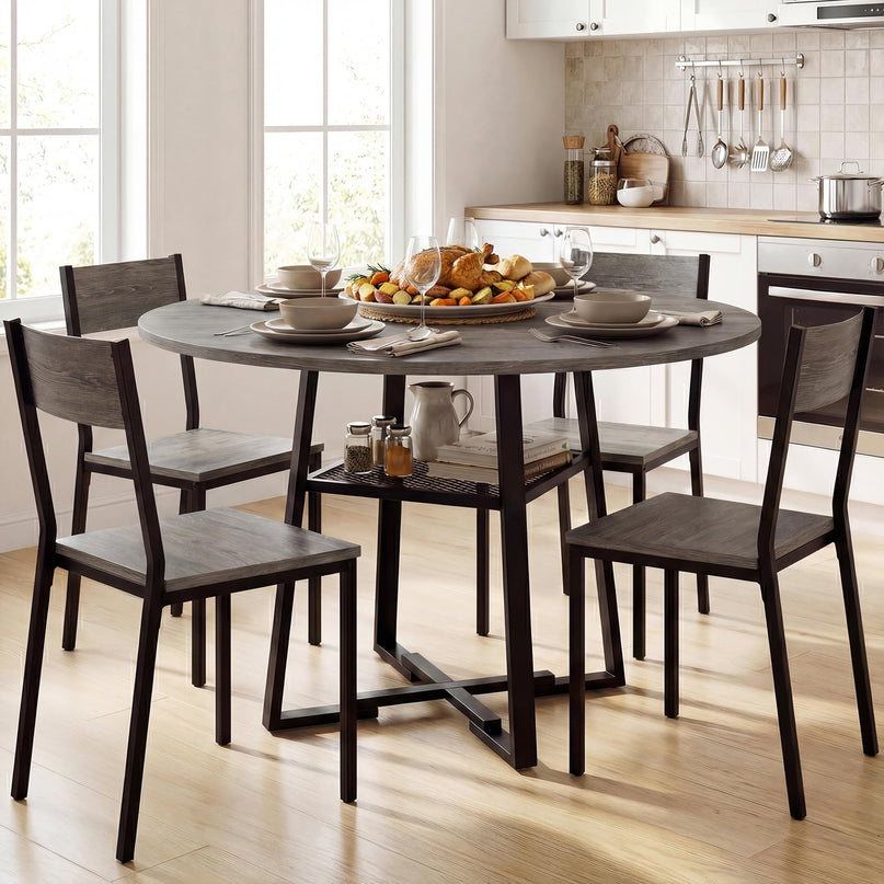 Table à manger ronde Giantex 47,5" pour 4 à 6 personnes avec étagère de rangement et pied en métal
