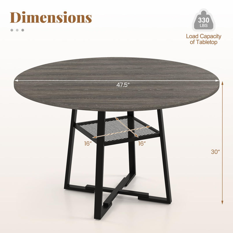 Table à manger ronde Giantex 47,5" pour 4 à 6 personnes avec étagère de rangement et pied en métal