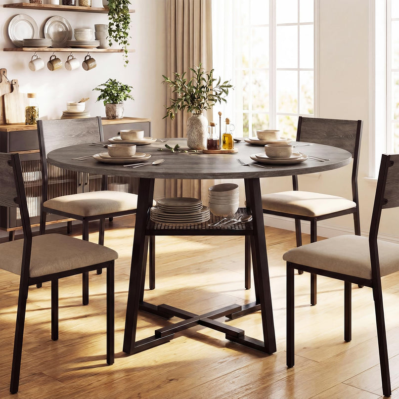 Table à manger ronde Giantex 47,5" pour 4 à 6 personnes avec étagère de rangement et pied en métal