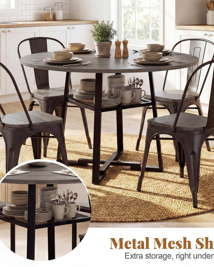 Table à manger ronde Giantex 47,5" pour 4 à 6 personnes avec étagère de rangement et pied en métal