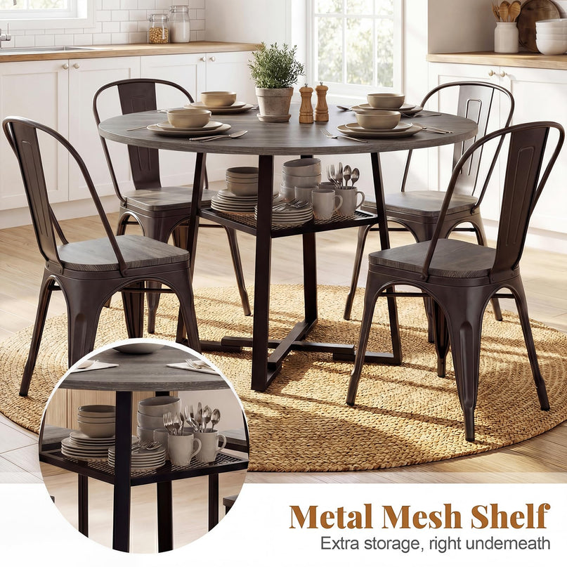 Table à manger ronde Giantex 47,5" pour 4 à 6 personnes avec étagère de rangement et pied en métal