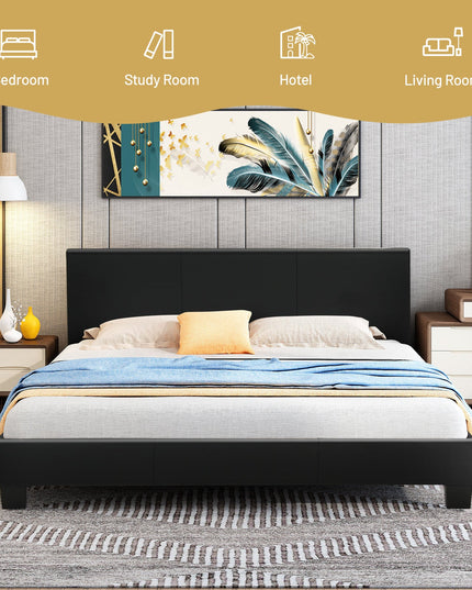 Full Size Faux Leather Upholstered Platform Bed W/Headboard