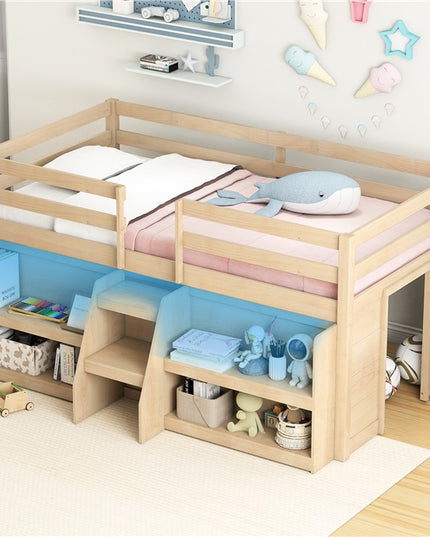 Giantex Low Loft Bed with LED Lights, Wooden Twin Loft Bed with Stairs & Safety Guardrail