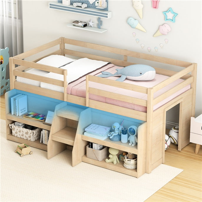 Giantex Low Loft Bed with LED Lights, Wooden Twin Loft Bed with Stairs & Safety Guardrail