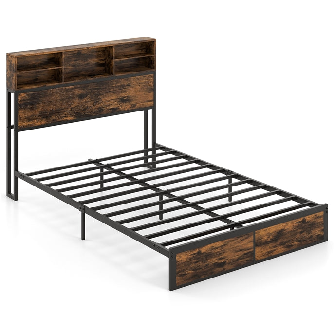 Giantex Bed Frame with Storage Headboard and Charging Station, Industrial Metal Platform Bed