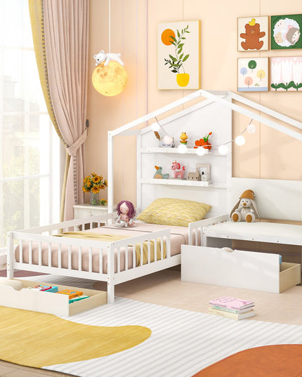 Giantex Twin House Bed for Kids, Wooden Kids Twin Bed Frame with Padded Bench