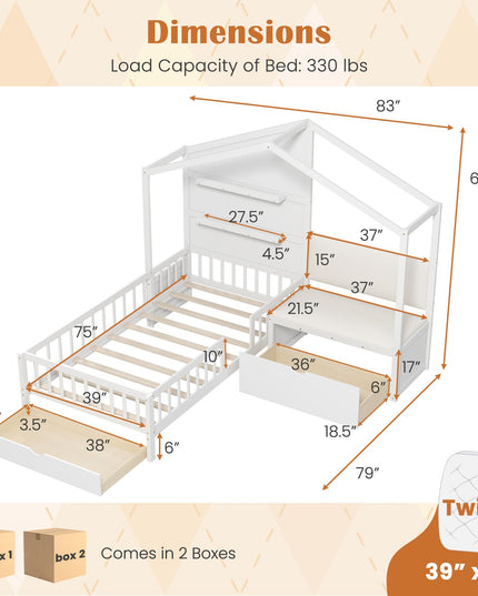 Giantex Twin House Bed for Kids, Wooden Kids Twin Bed Frame with Padded Bench